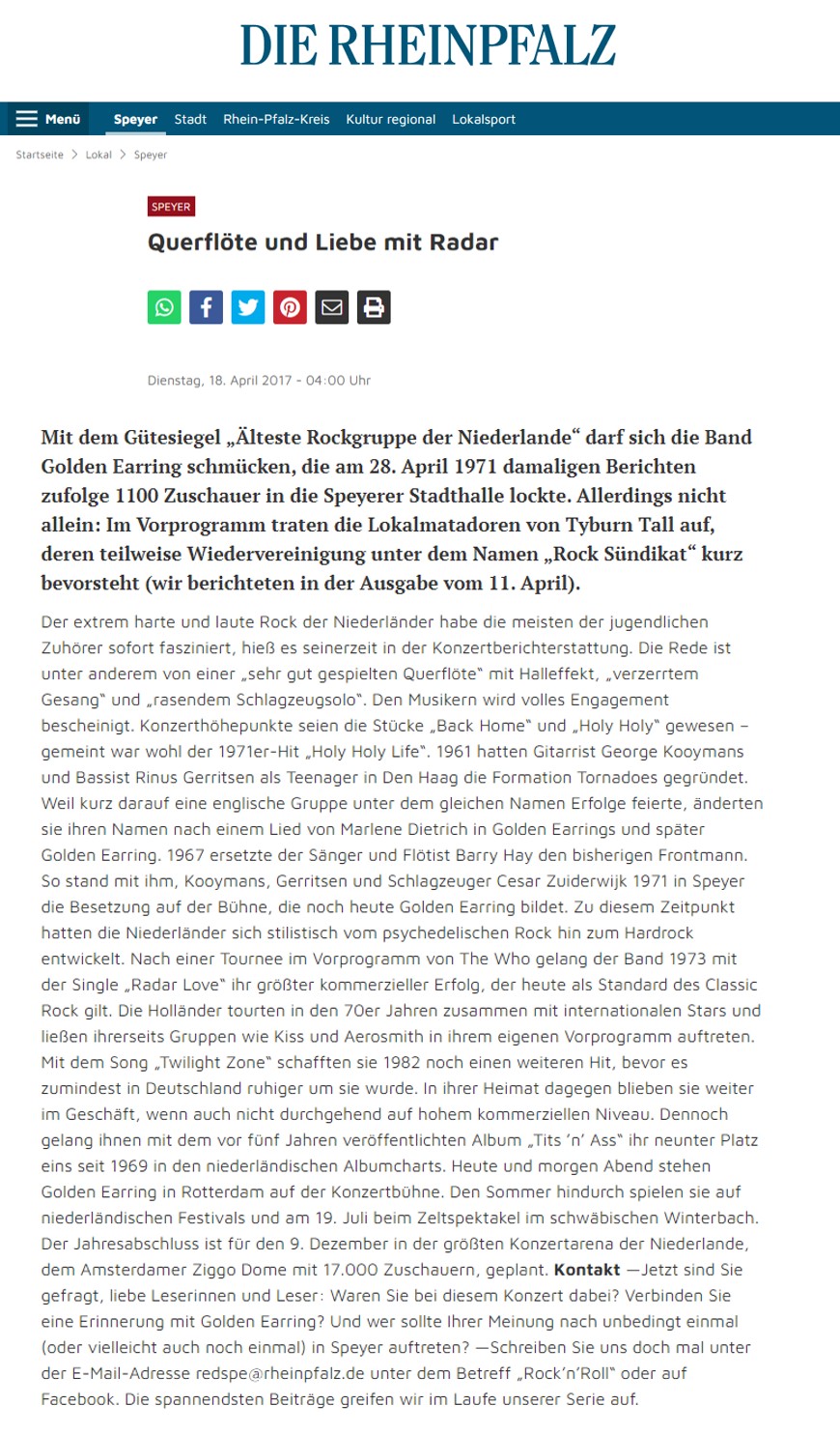 Newspaper article from 2017 about April 28 1971 show Speyer (Germany)